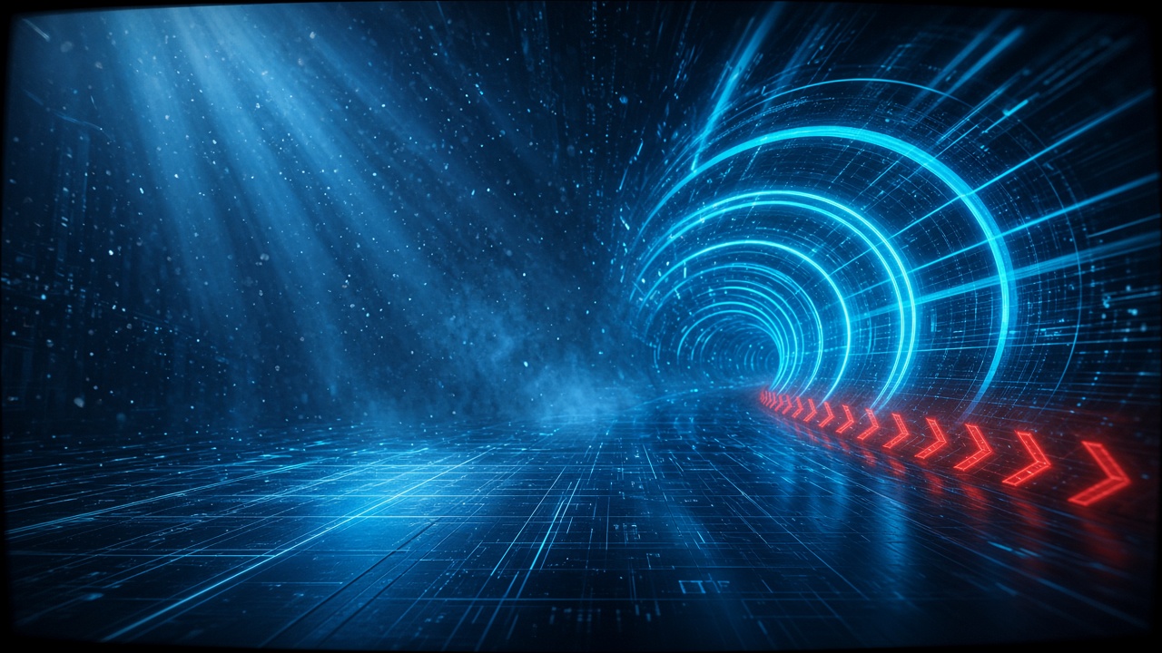 Neon vector tunnel visual representing Jev real-time decision loops